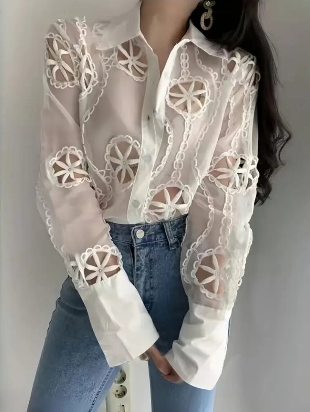 Spring/Summer Sexy Sheer Hollow-Out Shirt, Elegant Embroidered Top - Picture 3 of 6